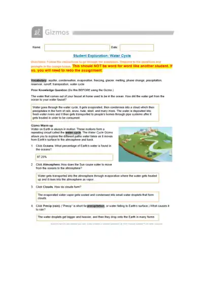 Student Exploration Water Cycle - Page 1 preview image