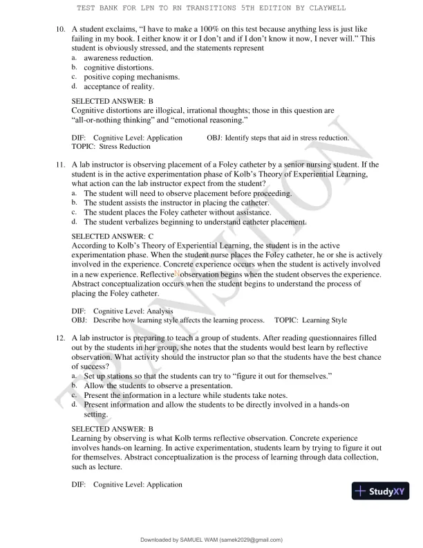 Test Bank for LPN to RN Transitions, 5th Edition (Chapters 1-18) - Page 10 preview image