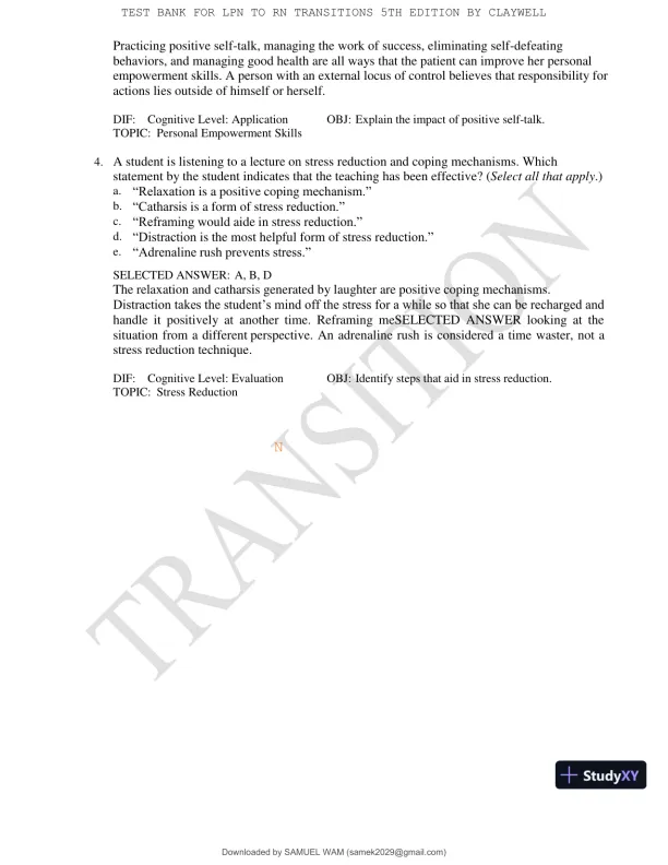 Test Bank for LPN to RN Transitions, 5th Edition (Chapters 1-18) - Page 13 preview image