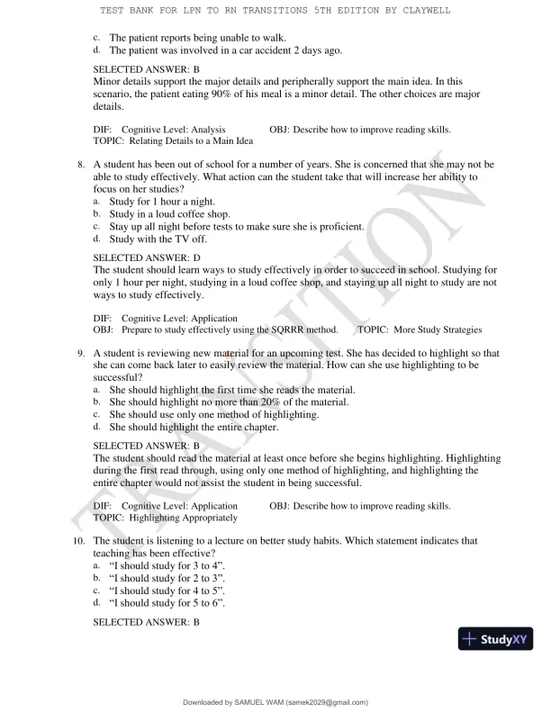 Test Bank for LPN to RN Transitions, 5th Edition (Chapters 1-18) - Page 16 preview image