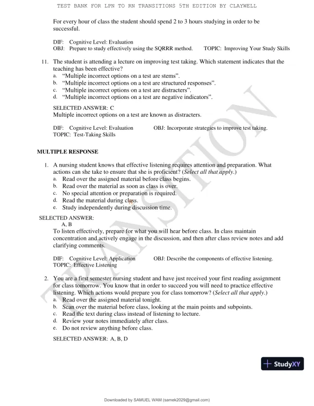 Test Bank for LPN to RN Transitions, 5th Edition (Chapters 1-18) - Page 17 preview image