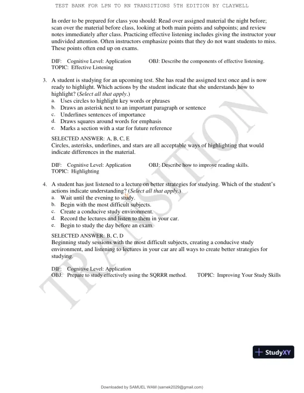 Test Bank for LPN to RN Transitions, 5th Edition (Chapters 1-18) - Page 18 preview image