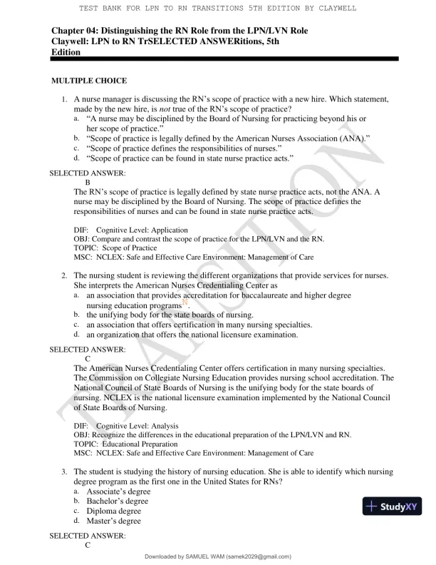 Test Bank for LPN to RN Transitions, 5th Edition (Chapters 1-18) - Page 19 preview image