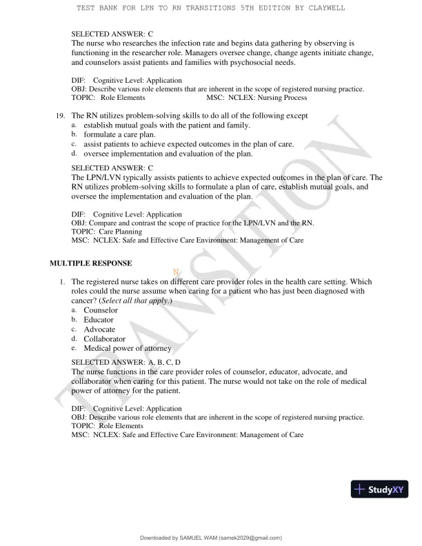 Test Bank for LPN to RN Transitions, 5th Edition (Chapters 1-18) - Page 25 preview image