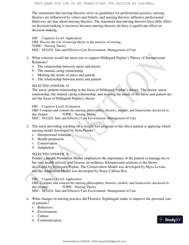Test Bank for LPN to RN Transitions, 5th Edition (Chapters 1-18) - Page 27 preview image