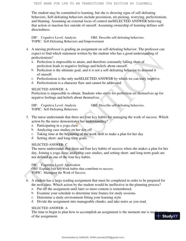 Test Bank for LPN to RN Transitions, 5th Edition (Chapters 1-18) - Page 8 preview image