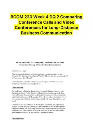 BCOM 230 Week 4 DQ 2 Comparing Conference Calls and Video Conferences for Long-Distance Business Communication