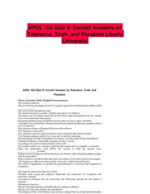 APOL 104 Quiz 8: Correct Answers on Tolerance, Truth, and Pluralism Liberty University