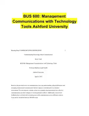BUS 600: Management Communications with Technology Tools Ashford University