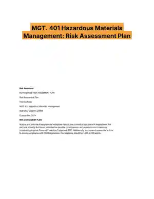 MGT. 401 Hazardous Materials Management: Risk Assessment Plan