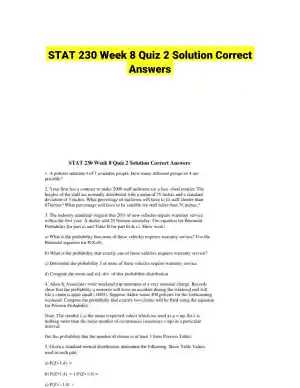 STAT 230 Week 8 Quiz 2 Solution Correct Answers
