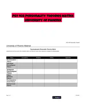 PSY 405 Personality Theories Matrix University of Phoenix