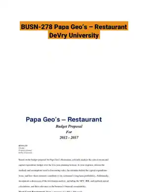 BUSN-278 Papa Geo�s � Restaurant DeVry University
