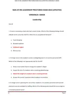 2023 NGN ATI RN Leadership Proctored Exam with Answers (70 Solved Questions)