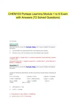 CHEM103 Portage Learning Module 1 to 6 Exam with Answers (72 Solved Questions)