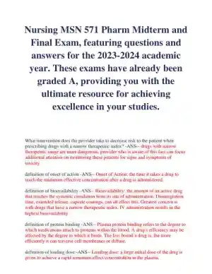 2023-2024 MSN571 Pharmacology Midterm Final Exam With Answers (258 Solved Questions)