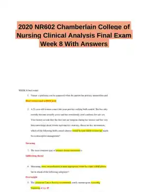 2020 NR602 Chamberlain College of Nursing Clinical Analysis Final Exam Week 8 With Answers (50 Solved Questions)