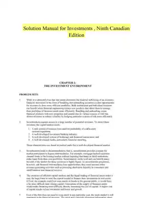 Solution Manual for Investments , Ninth Canadian Edition