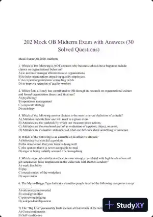 202 Mock OB Midterm Exam with Answers (30 Solved Questions)