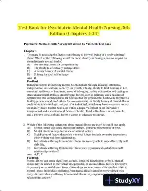 Test Bank for Psychiatric-Mental Health Nursing, 8th Edition (Chapters 1-24)